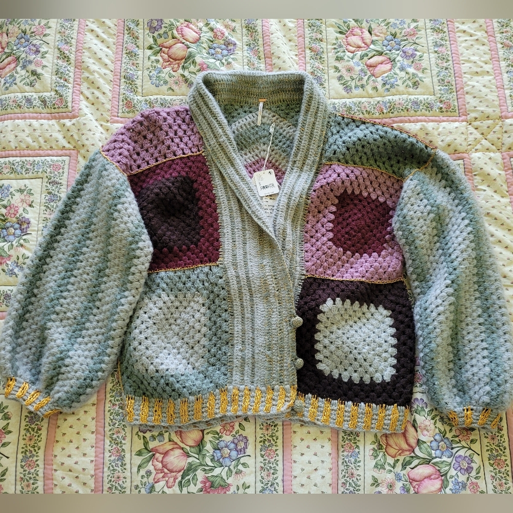 NWT Hand Crafted Free People Rough Diamond Crochet Oversize Bomber Cardigan S